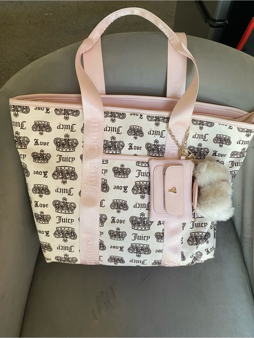 Juicy Couture Cream and Pink Logo Canvas Tote with Pom Charm